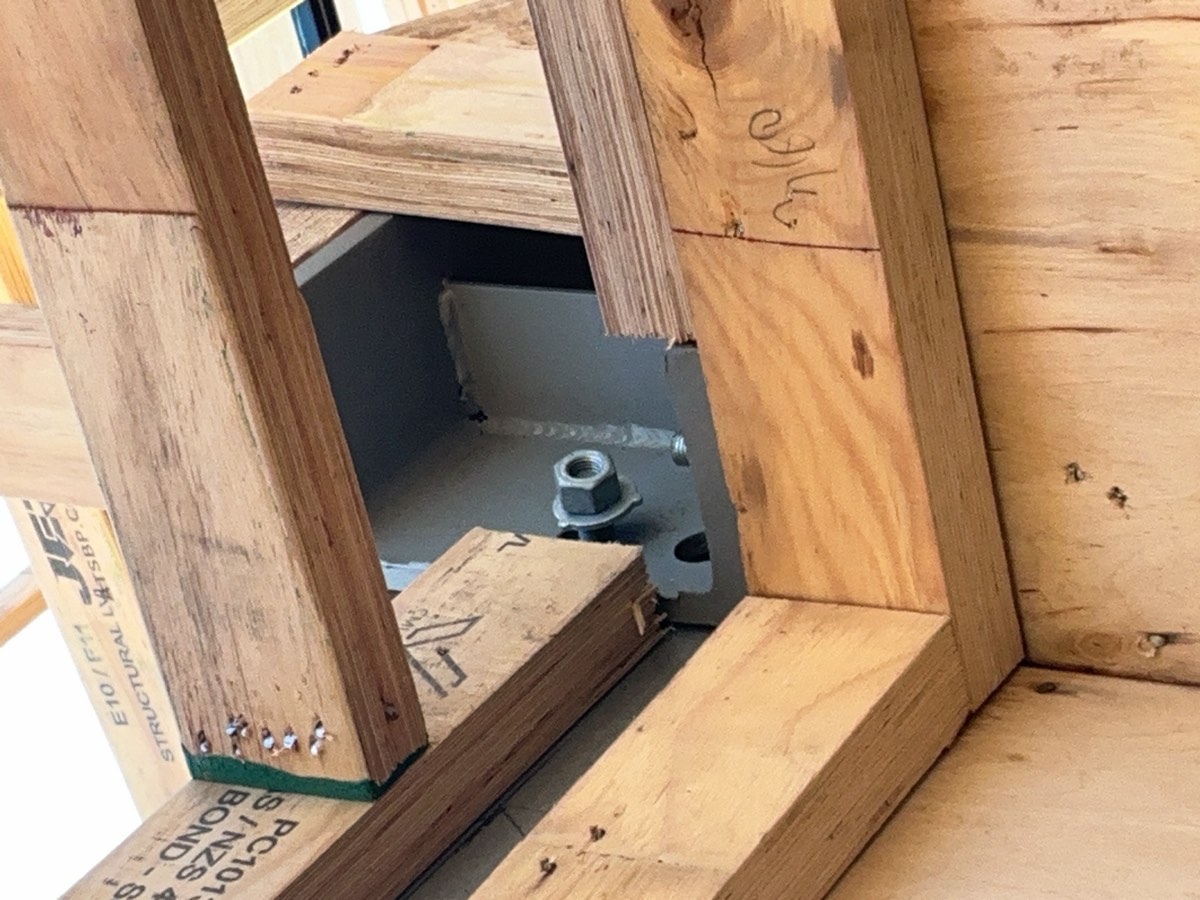 Steel beam and post connection, recorded during a frame inspection in Oran Park